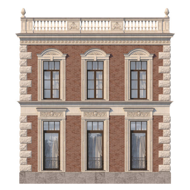 The facade of the house in the classical style of red brick with windows. 3d rendering.