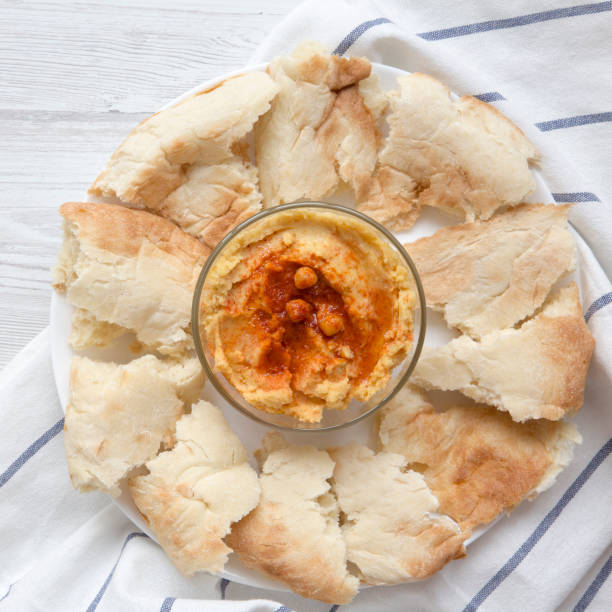 Bowl of Hummus with chickpeas, paprika, olive oil and pita bread on white plate over white wooden background, overhead view. From above, top view, flat lay.