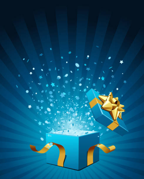 otwórz wybuch pole prezent - gift blue gift box box stock illustrations
