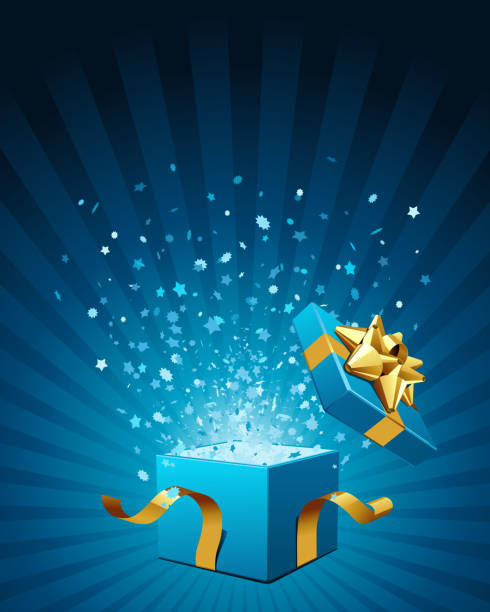 An illustration of an open gift box with gold ribbon Open explosion box gift with fly stars vector background opening stock illustrations