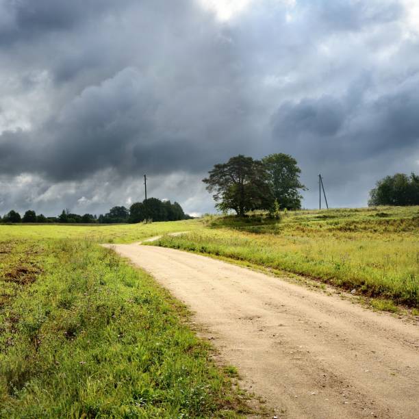 istock Green field and the road against stormy sky 1091477308
