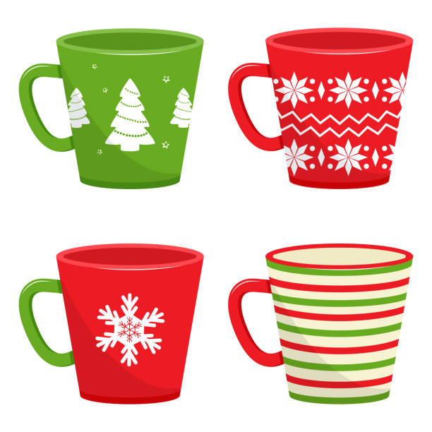 ilustrações de stock, clip art, desenhos animados e ícones de set of winter holiday cups with different pattern. vector illustration - coffee cup isolated cappuccino multi colored