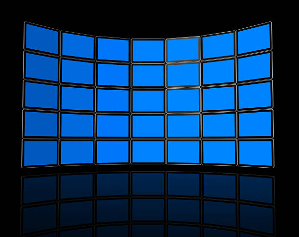 Wall of flat tv screens 3D video wall / panel of flat tv screens, isolated on black. With 2 clipping paths : global scene clipping path and screens clipping path to place your designs or pictures. wall of monitors stock pictures, royalty-free photos & images