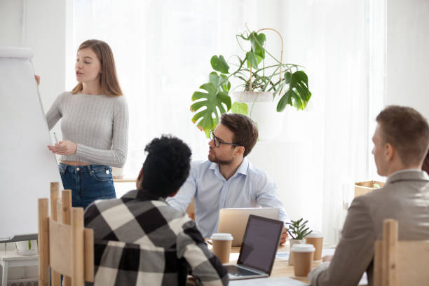 istock Diverse employees listen to female speaker presenting project 1091483258