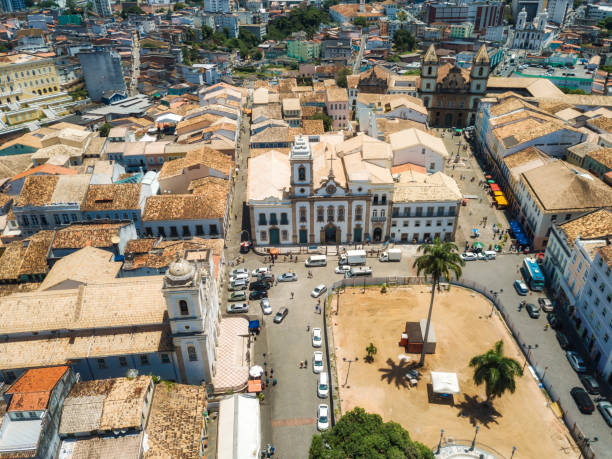aerial view on historic Pelourinho of Salvador da Bahia aerial view on  Pelourinho of Salvador da Bahia with town square  and Sāo Francisco Church sao francisco church bahia state stock pictures, royalty-free photos & images