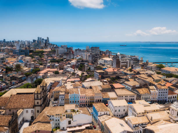 aerial view on historic Salvador da Bahia aerial view on  Pelourinho of Salvador da Bahia with ocean bay and Sāo Francisco Church sao francisco church bahia state stock pictures, royalty-free photos & images
