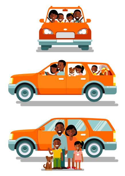 Happy african american ethnic family traveling by car in different views front and side. People set father, mother and children sitting in automobile and standing together. Vector illustration in flat style isolated on white background. family in car stock illustrations