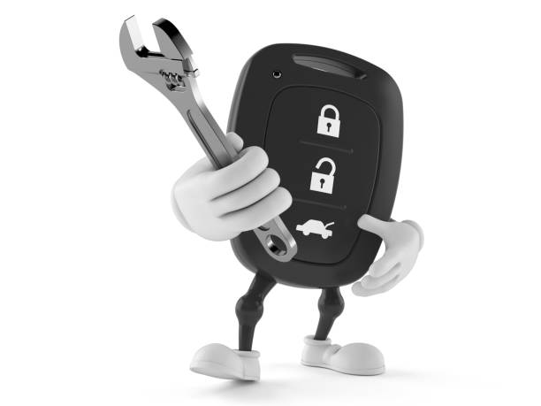 istock Car remote key character holding adjustable wrench 1091488728