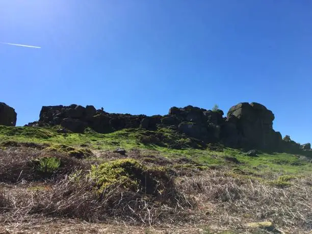 Views and surrounding moorland near the Cow and Calf rocks in Ilkley, Yorkshire, United Kingdom