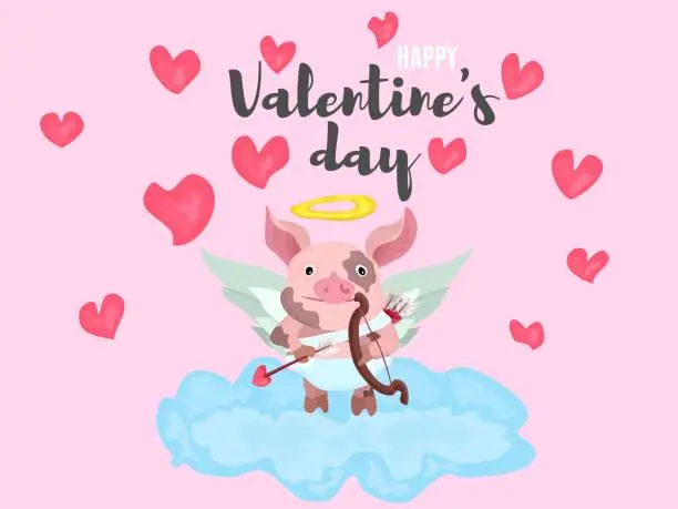 Vector illustration of poster valentine's day cupid on a cloud