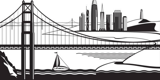 illustrazioni stock, clip art, cartoni animati e icone di tendenza di vista di san francisco dal golden gate bridge - golden gate bridge illustrations