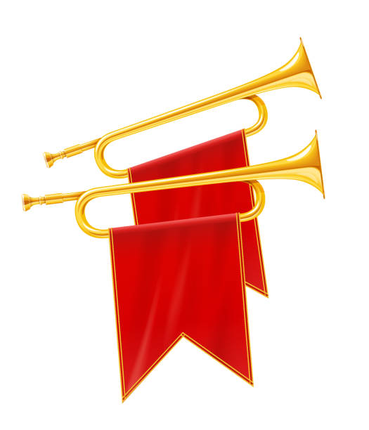 Golden royal horn trumpet with red banner. Musical instrument for king orchestra. Gold and silver horn trumpet Musical instrument. Golden Royal fanfare for play music. Isolated white background. EPS10 vector illustration. horned stock illustrations