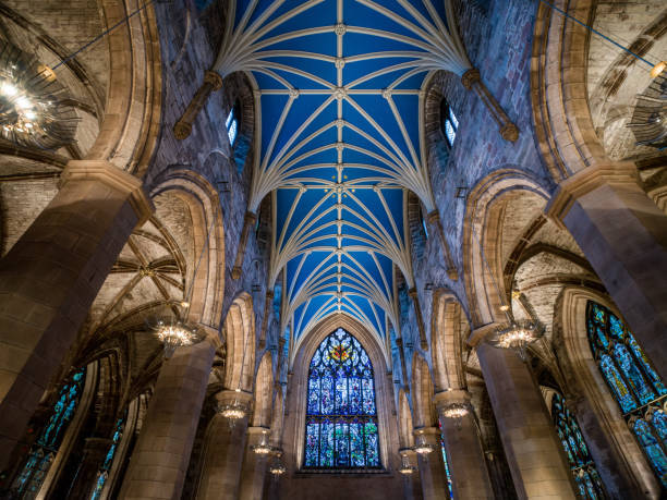 istock Old beautiful blue church ceiling in Scottish Catholic Church 1091500730