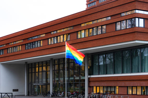 Rainbow flag town hall Waalwijk Regenboogvlag wapperend voor het stadhuis van Waalwijk (rainbow flag waving in front of the city hall of Waalwijk) berkel stock pictures, royalty-free photos & images