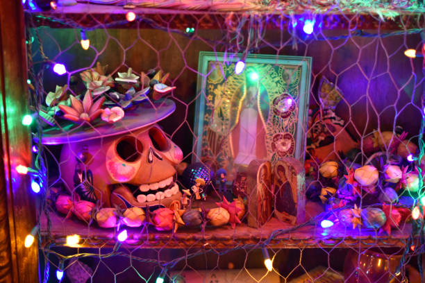 Mexican Restaurant Decorations Display Case with reliquary objects steven harrie stock pictures, royalty-free photos & images