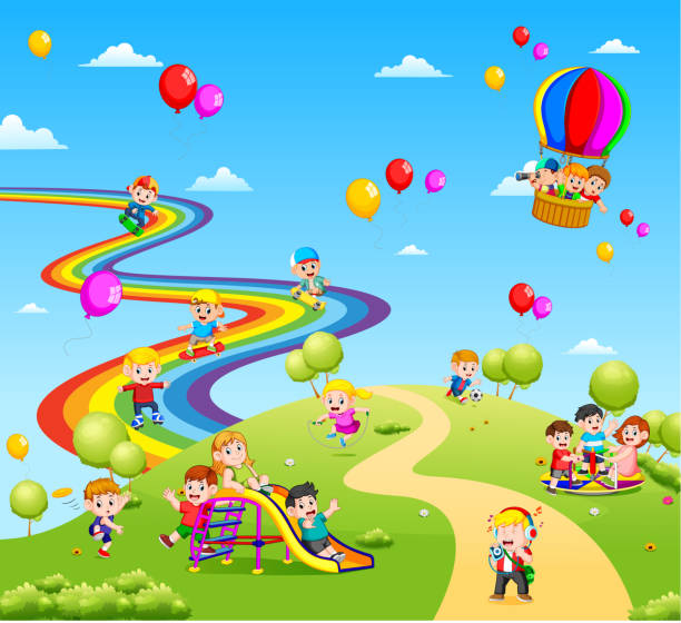아름 다운 보기는 아이 들과 colourfull의 전체 풍선 - push cart audio stock illustrations
