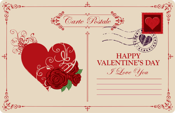 ilustrações, clipart, desenhos animados e ícones de cartão de dia dos namorados vintage com coração vermelho e rosas - mail correspondence romance passion