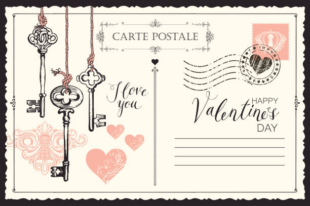 ilustrações, clipart, desenhos animados e ícones de cartão de valentine ' s vintage com chaves do coração - mail correspondence romance passion