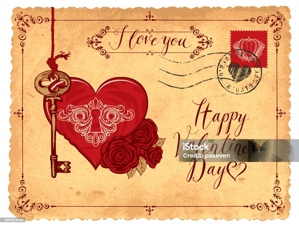 Vintage Valentine Card With Key Heart And Roses Stock Illustration -  Download Image Now - Bouquet, Computer Graphic, Congratulating - iStock