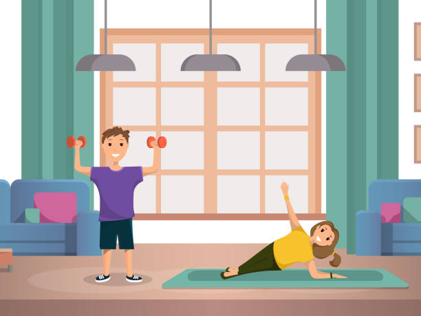 ilustrações, clipart, desenhos animados e ícones de feliz a criança fazendo manhã fitness exercícios para casa - house home interior small human hand
