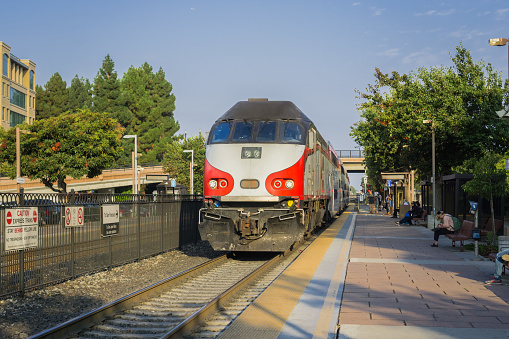 September 5, 2017 Sunnyvale/CA/USA - Local train about to depart the train station in south San Francisco bay