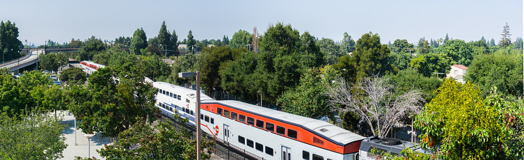 September 5, 2017 Sunnyvale/CA/USA - Aerial view of a Caltrain in south San Francisco bay