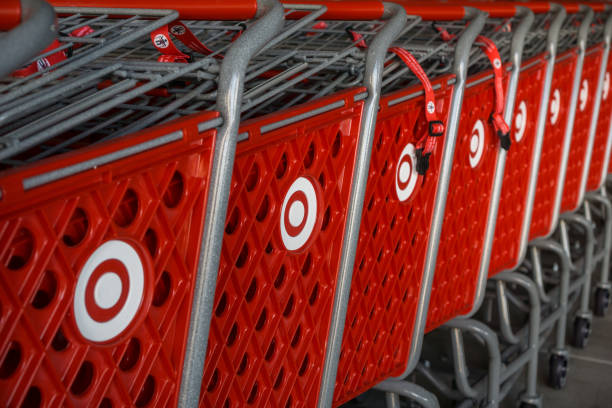 Stacked Target shopping carts October 12, 2017 Sunnyvale/CA/USA - Stacked Target shopping carts with the company's logo on the side, a bulls eye sports target photos stock pictures, royalty-free photos & images