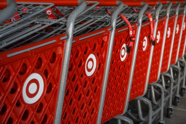 stacked target shopping carts - department store shopping mall store inside of imagens e fotografias de stock