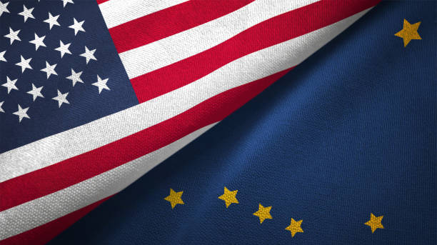 istock Alaska state and United States two flags together realations textile cloth fabric texture 1091537958