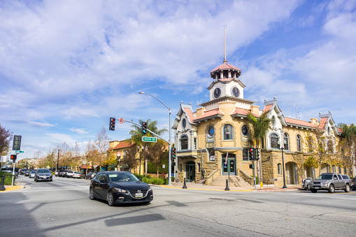 January 15, 2018 Gilroy / CA / USA - The Old City Hall building located in the city center which is currently housing a restaurant