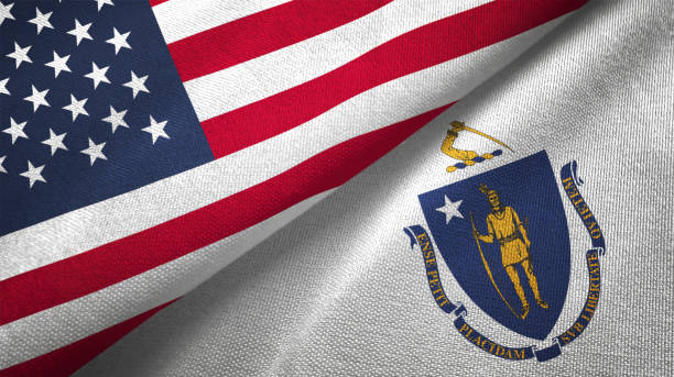 istock Massachusetts state and United States two flags together realations textile cloth fabric texture 1091538110