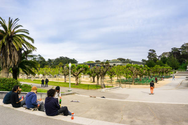 молодые люди скейтбординг, сан-франциско - golden gate park стоковые фото и изображения