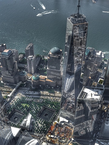 An aerial shot of the Freedom Tower/One World Trade Center in the Financial District, Manhattan, New York City.