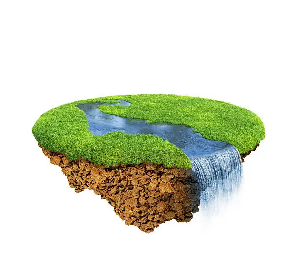 Series. Concept of pure natural lifestyle. Lawn river and waterfall on the little fine island / planet. A piece of land in the air. Detailed ground in the base.