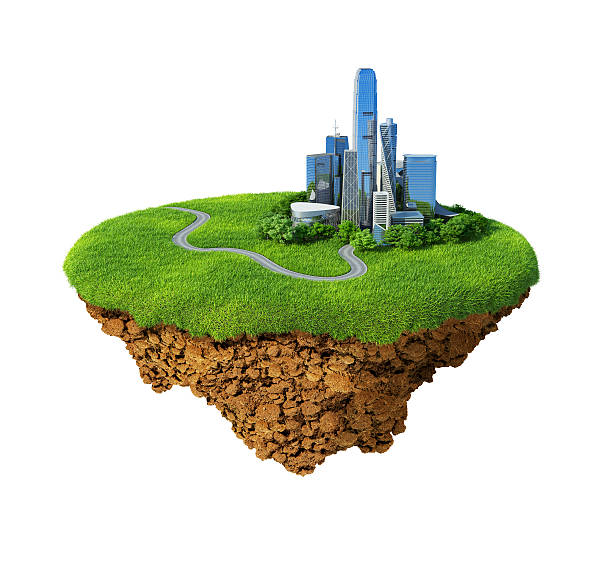 Idyllic city on a little planet Series. Concept of success in business, idyllic lifestyle. Lawn with skyscrapers on the little fine island / planet. A piece of land in the air. Road in the grass. Detailed ground in the base. island city stock pictures, royalty-free photos & images