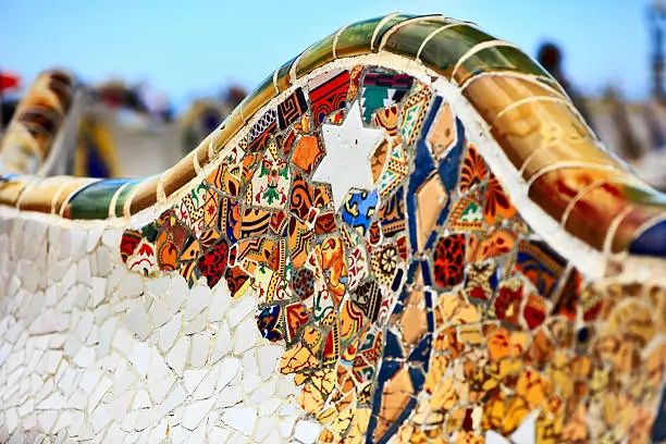 Photo of Detail of the bench by Gaudi in Parc Guell.