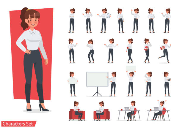 사업가 캐릭터 디자인 작업을 설정 합니다. 벡터 디자인입니다. - businesswoman stock illustrations