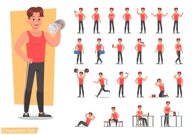 ilustraciones, imágenes clip art, dibujos animados e iconos de stock de los hombres de salud ejercen diseño conjunto. diseño vectorial. - stretching exercising gym silhouette