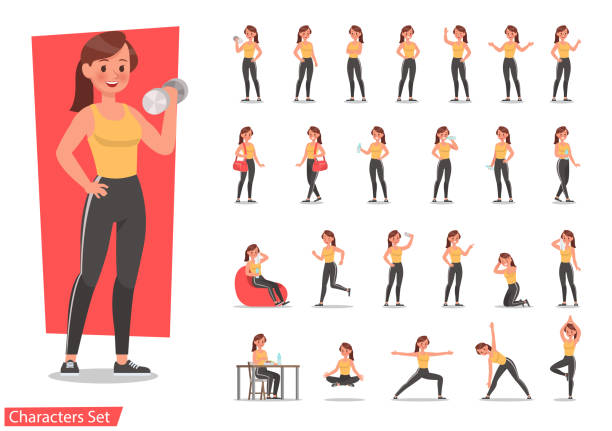 Health women are exercising character design set. Vector design. Health women are exercising character design set. Vector design. aerobics stock illustrations