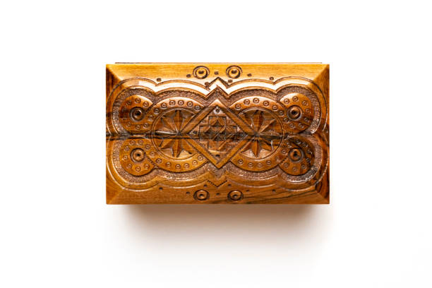 old wooden carved casket isolated on white background