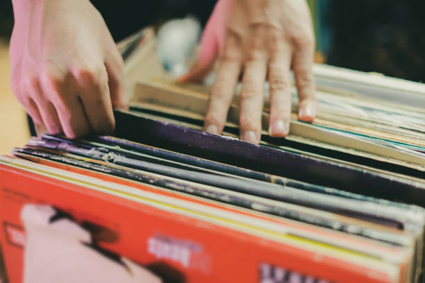 person pick vinyl record crate digging collection b stock photo