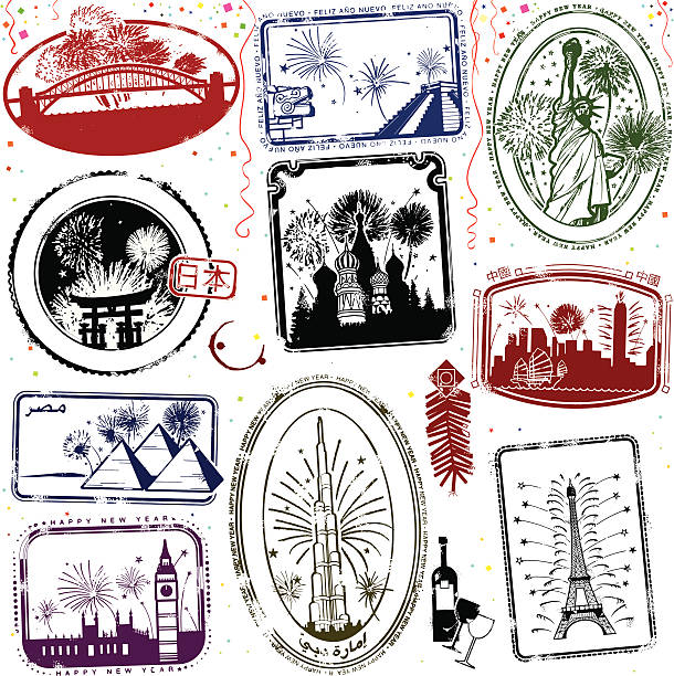 Happy New Year, signed everyone! Series of retro/vintage new years eve passport styled graphics with fireworks exploding. new years eve new york stock illustrations