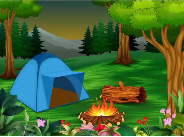 Vector illustration of Forest camping concept with blue tent