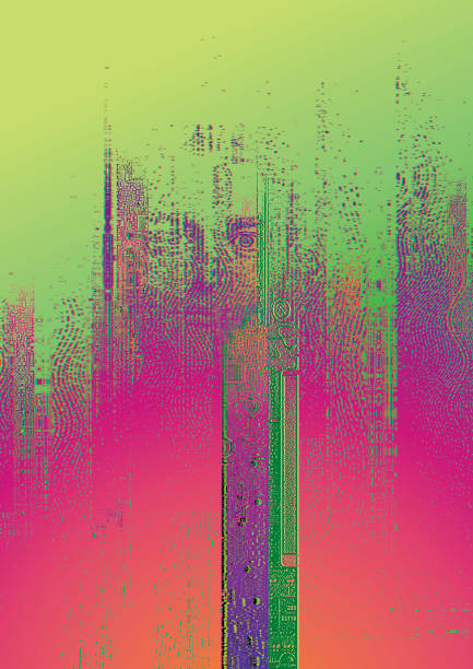 Technology background with male cyborg and glitch technique Technology background with male cyborg and glitch technique distorted face stock illustrations