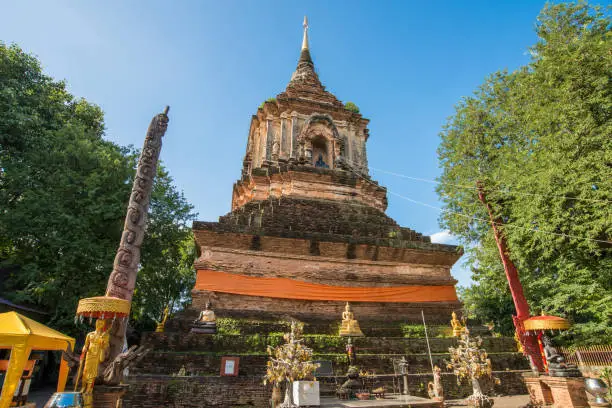 Photo of The largest and massive pagoda in Wat Lok Molee the city’s older temples in centre of Chiang Mai province of Thailand.