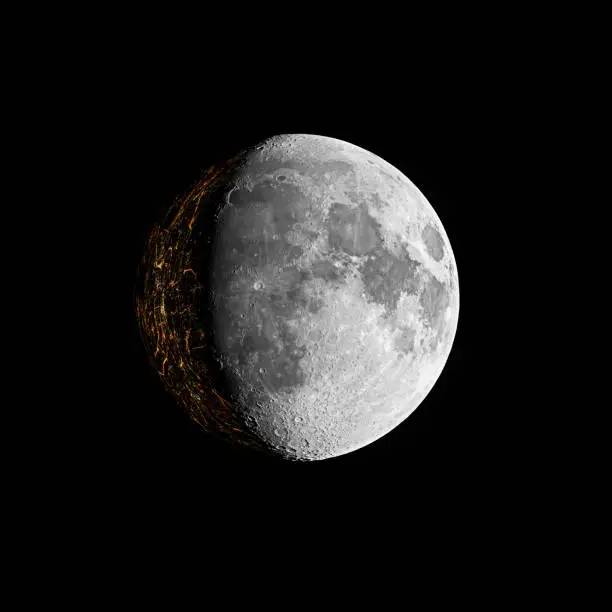 Fiction of inhabited Moon on black space background, lights on the Moon