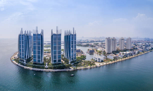 Panorama Drone Picture of the Waterfront in Jakarta, Indonesia Shot with the DJI Mavid Pro jakarta skyline stock pictures, royalty-free photos & images