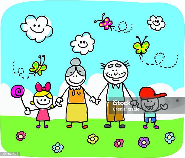 Familie Mit Großeltern Und Kinder Doodle Cartoon In Der Natur Stock Vektor Art und mehr Bilder von Baby