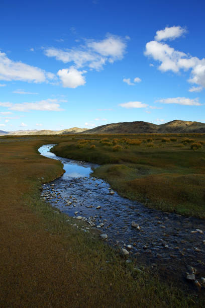 Veiw of Amazing summer landscape with Altai Mountains and winding river in Autumn of Western Mongolia