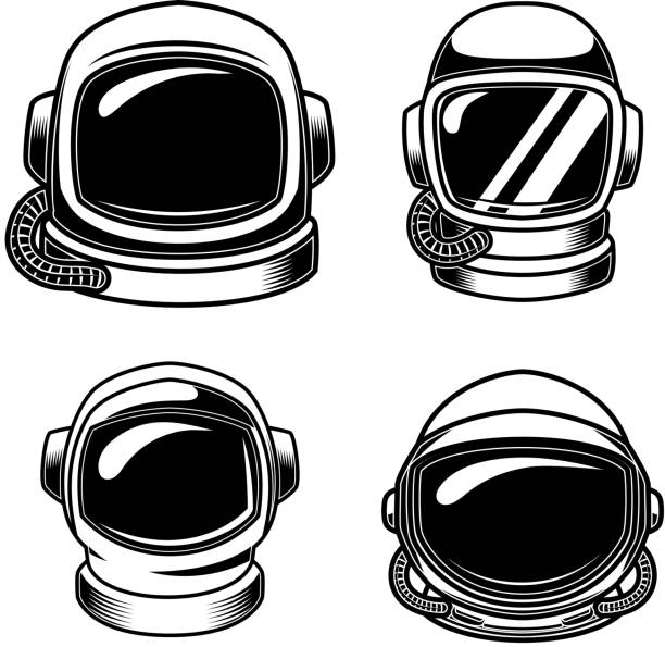 satz von spaceman helme. design-elemente für beschriftung, schilder, abzeichen. - unbemanntes raumschiff stock-grafiken, -clipart, -cartoons und -symbole